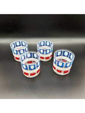 Vintage Lowball Cocktail Glasses Barware Red White Blue Arrow Patriotic July 4th